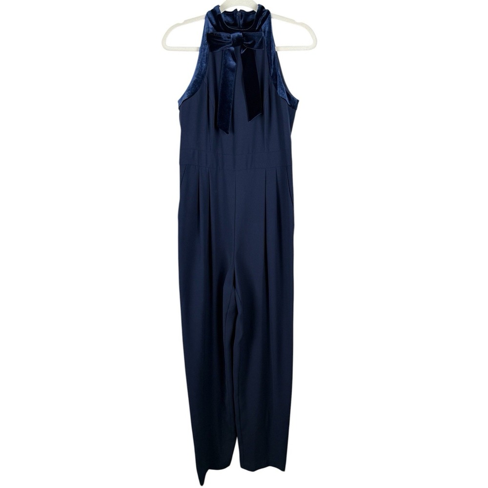 1901 Women's Velvet Trim Halter Jumpsuit with Bow Dark Blue‎ Size 8 Ultrachic